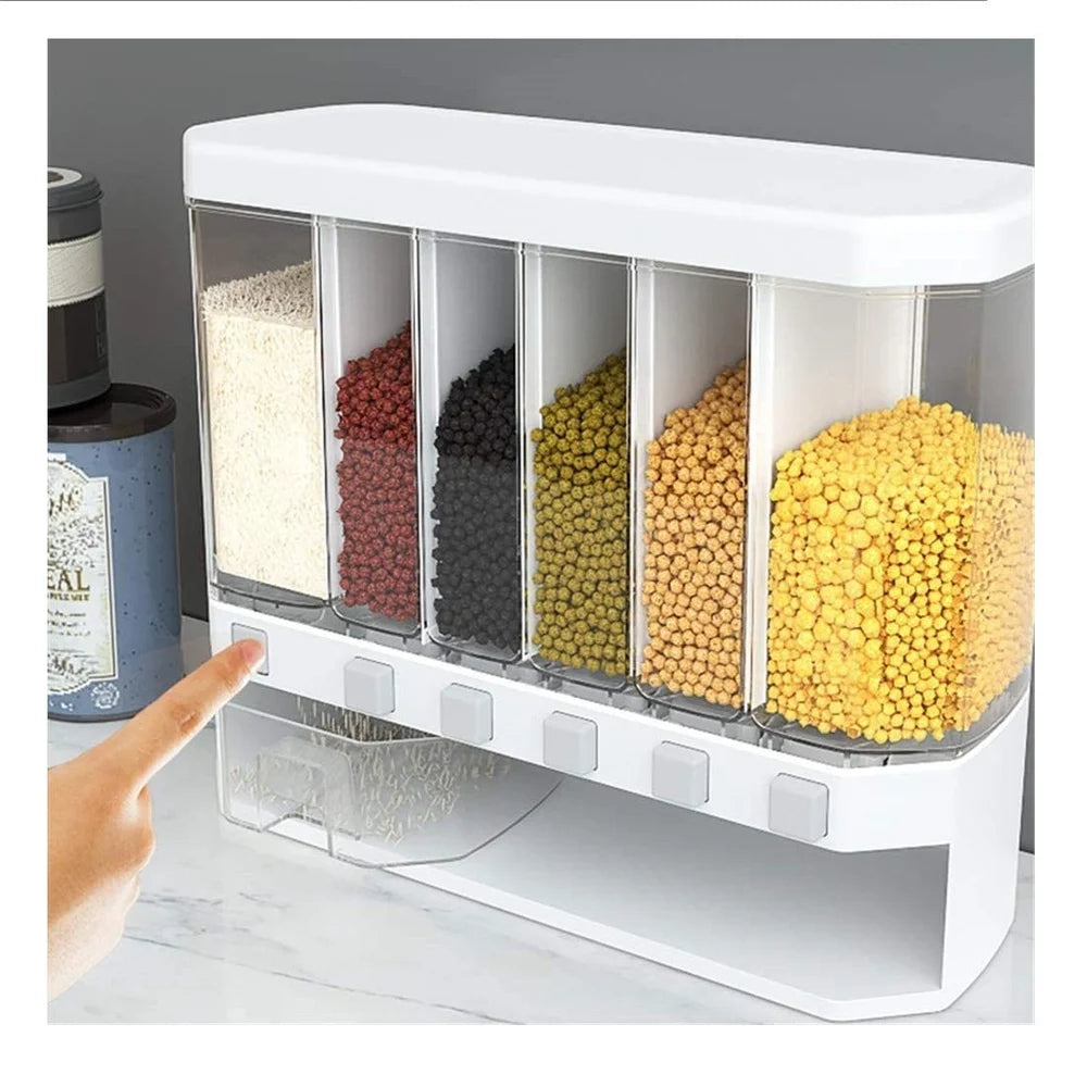 White Manual Wall Mounted Cereal Dispenser 6 Grid Dry Food Rice Dispenser, Capacity: 10 Kg