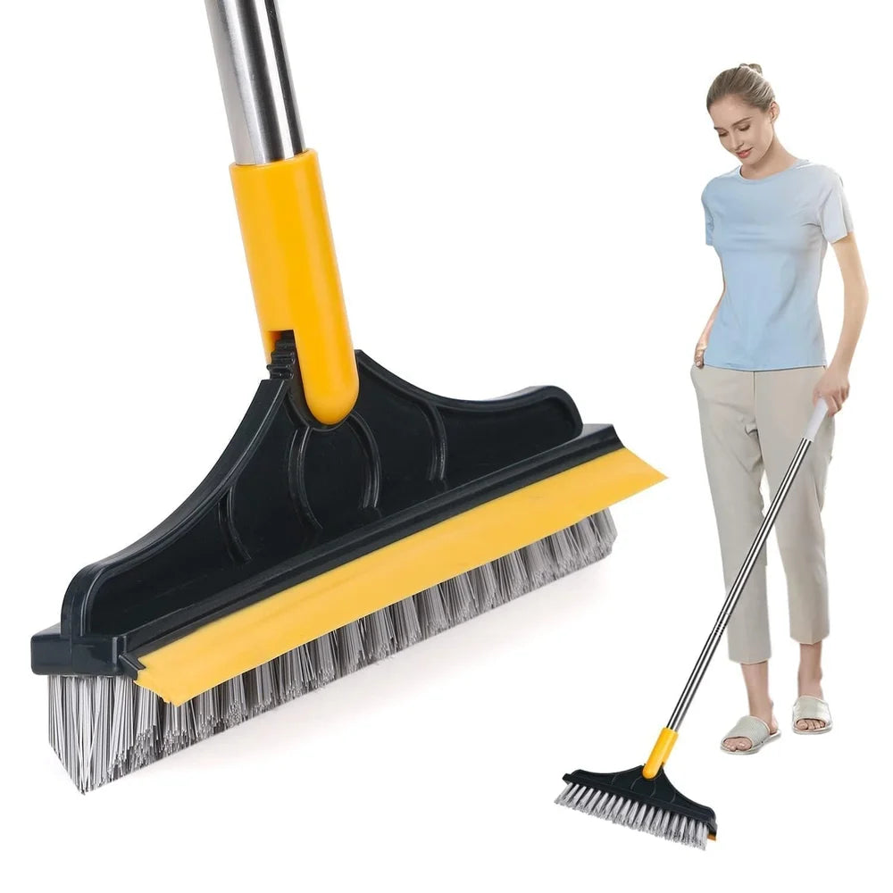 2-in-1 Bathroom Cleaning Brush with Wiper and Long Handle Rotating Floor Scrub Brush for Tiles
